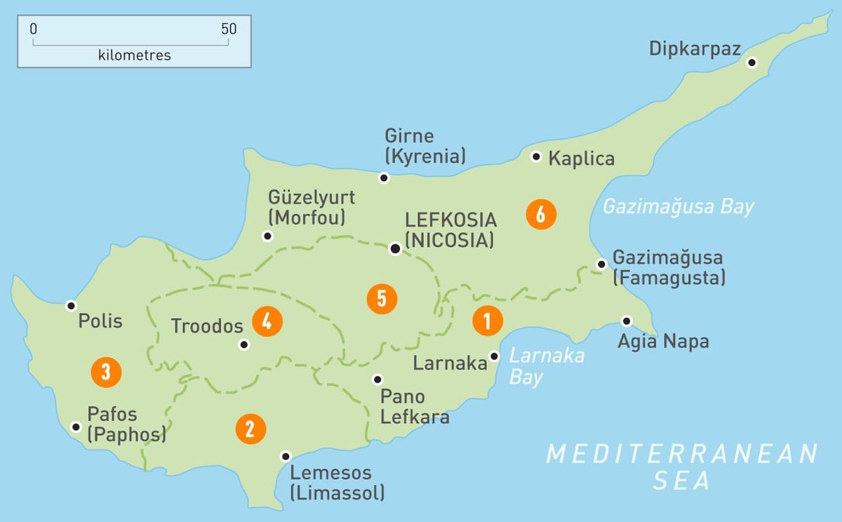 Žemėlapis Kipro regionuose 